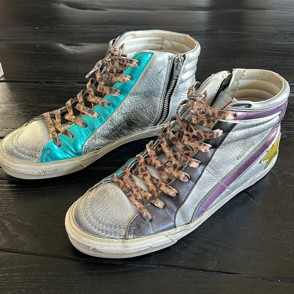 Golden Goose Slide Sneakers leopard rainbow laminated leather 37